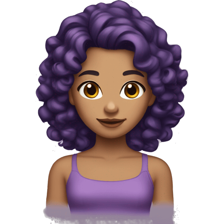 tan girl with shoulder length black curls, brown eyes and purple hair with tiara on her head emoji