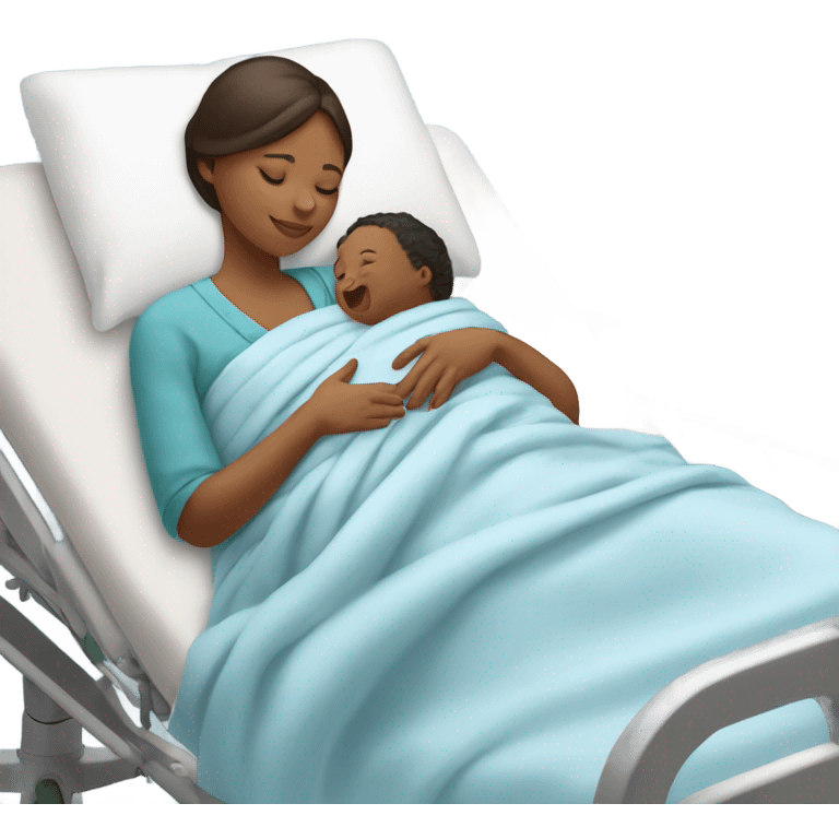 A mother lying on a hospital bed, cradling her newborn baby wrapped in a soft blue swaddle blanket.






 emoji