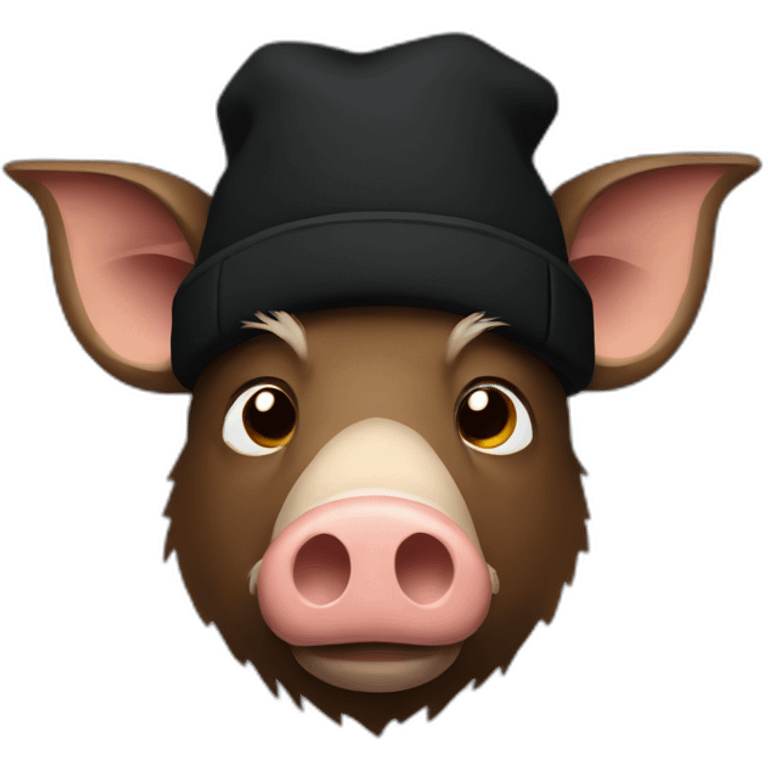 Really sad brown boar in a black winter hat and black jacket emoji