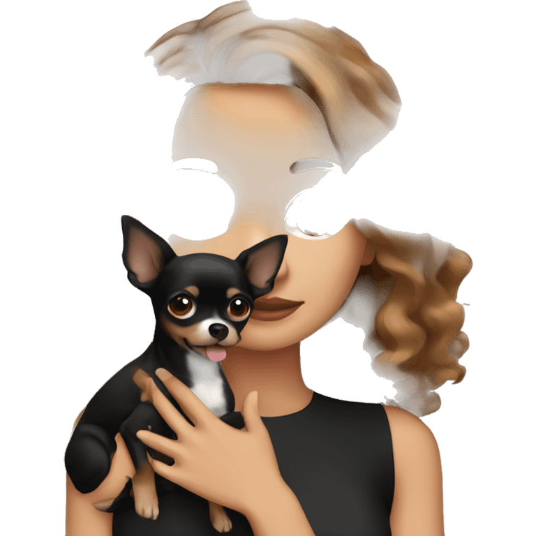 Pretty woman with brown wavy hair holding a black chihuahua  emoji