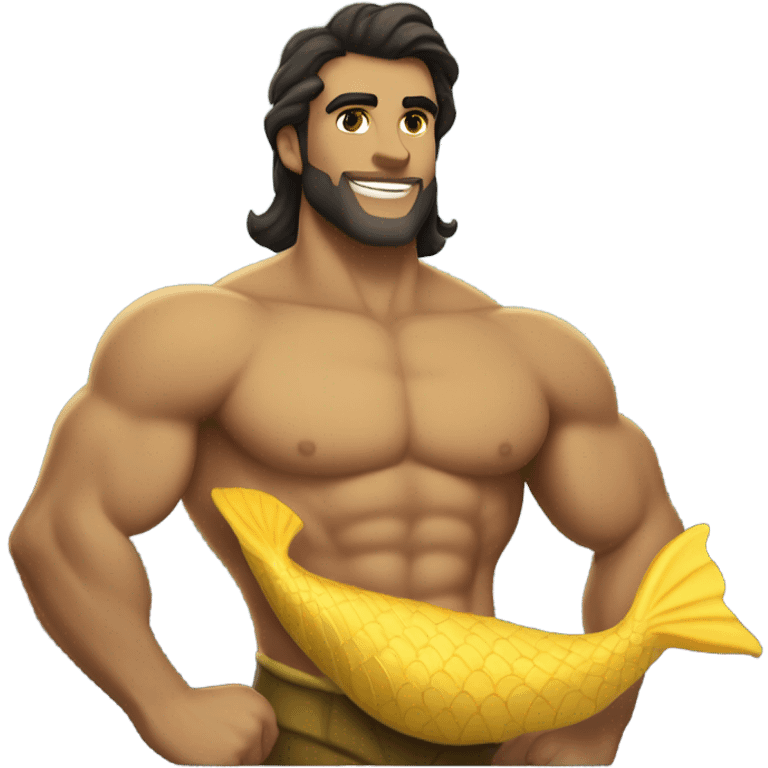 Tan muscular merman with yellow mermaid tail, dark hair and stubble  emoji