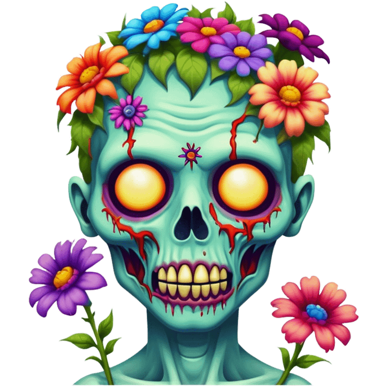 Psychedelic colored hippie style zombie with flowers emoji