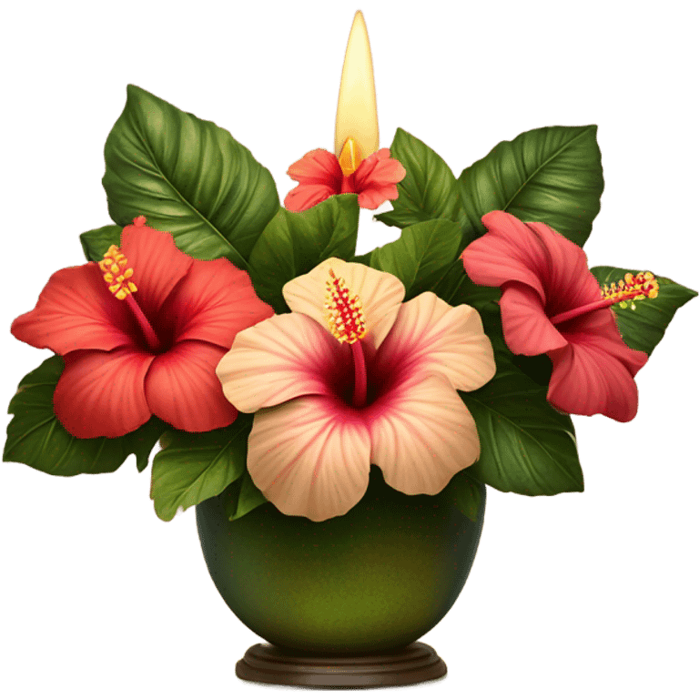 A vintage floral arrangement of hibiscus with a satin ribbon and a candlelit setting
 emoji