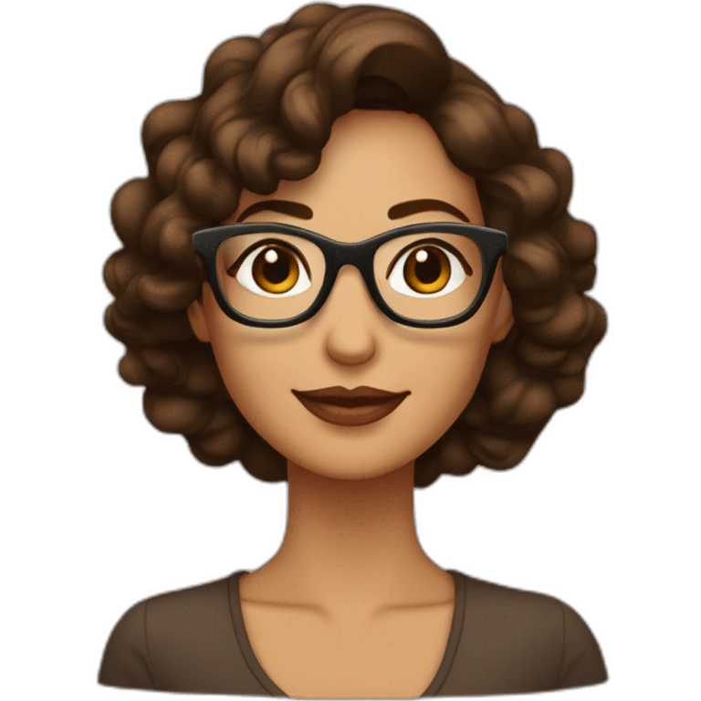 Mujer con cabello ondulado castaño oscuro, morena, con lentes cuadrados color café  emoji