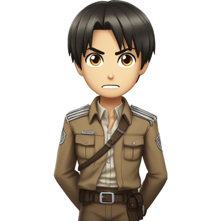 Eren Yeager from Attack on Titan Season 3, with sharp eyes, shorter hair, and Survey Corps uniform, wearing a confident smirk to show his fierce and rebellious spirit emoji