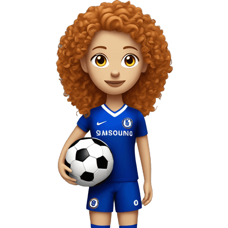 ginger curly hair girl with blue eyes, with football and red and black nike football boots with a football in hand, while wearing a chelsea kit emoji