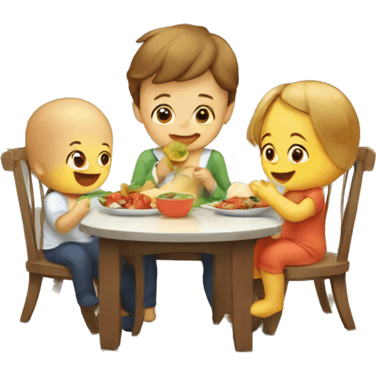 A baby in the kids chair and his parents are eating helsi food  by the table  emoji