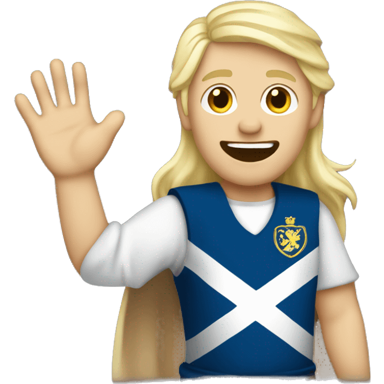 Male with blonde hair waving hand to say hello with a Scotland emoji