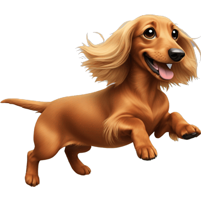 Longhaired dachshund running over a rainbow emoji