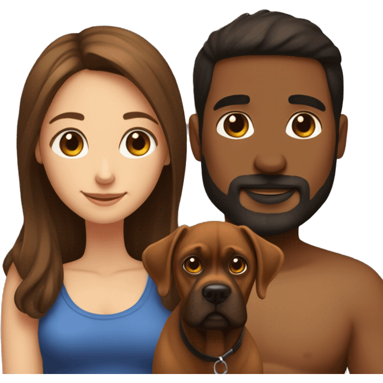 a girl with brown hair, and a man with short buzz brown hair with a beard, sitting with two dark brown boxer dogs emoji