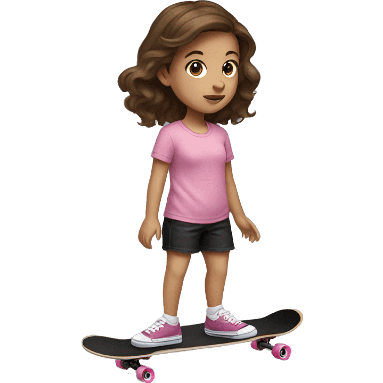 little girl with brown hair, pink shirt from VANS and black shorts skateboarding emoji