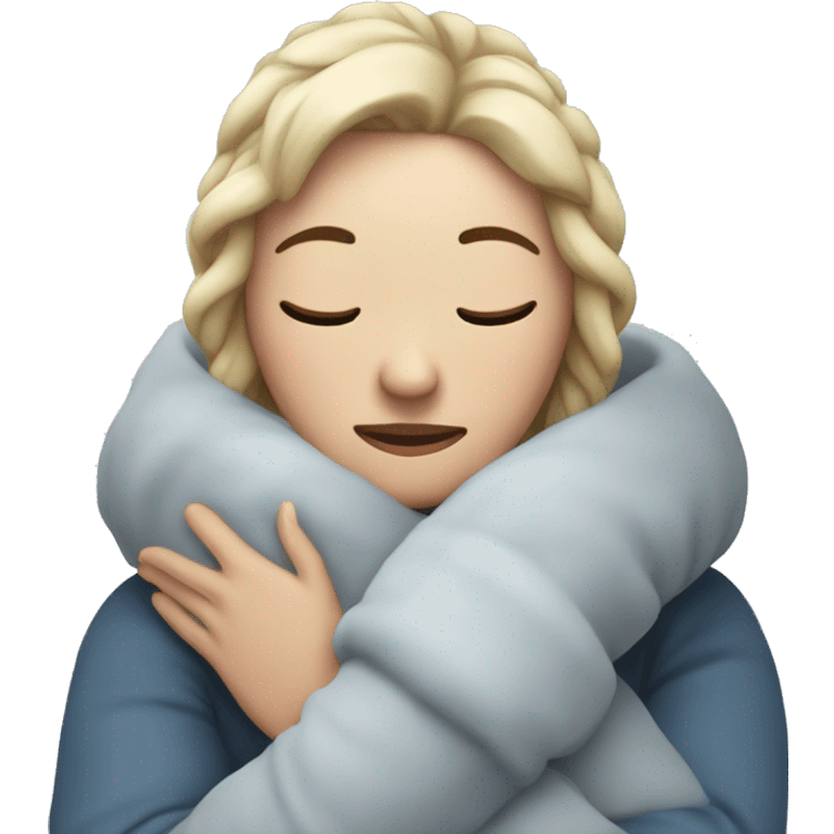 white women who is very cold hugging herself to warm,  emoji