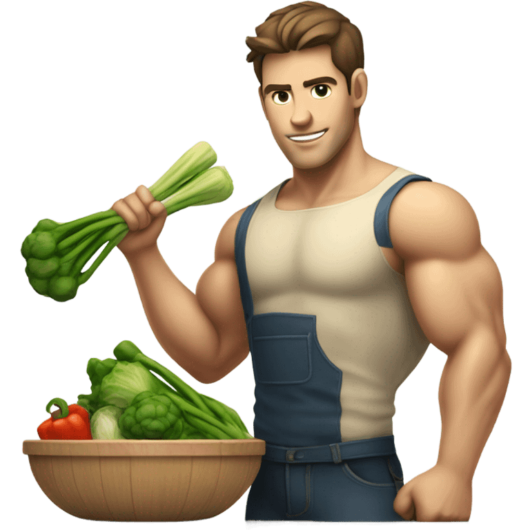 attractive young man white muscular brunette young man using a chopping vegetables emoji