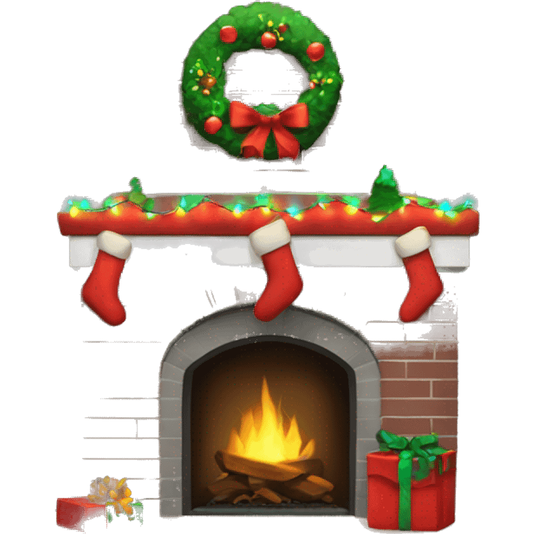 Brick Fireplace with wreath and Christmas lights and stockings emoji