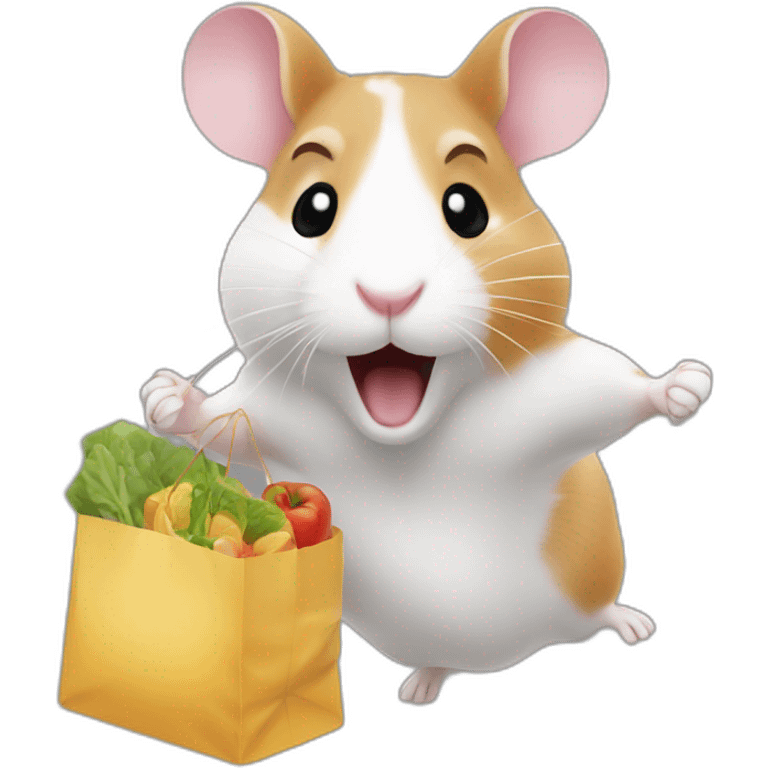 jumping up in the air hamster with groceries emoji