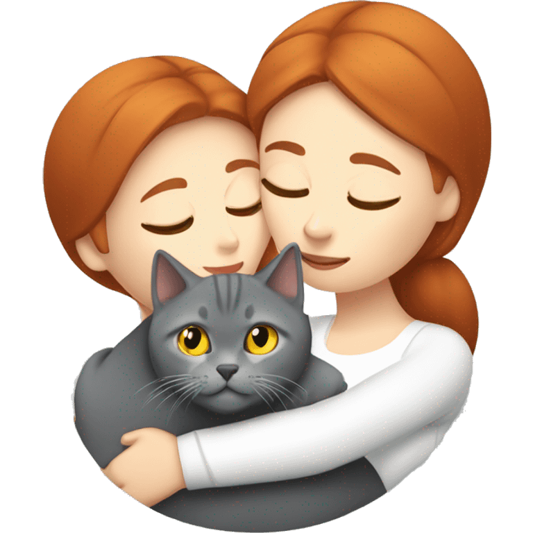 Red hair woman kissing the head of a grey British shorthair cat with yellow eyes emoji