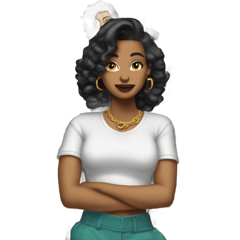 Tanned woman with black hair dressed in 1990s hip hop hair, makeup, and attire  emoji