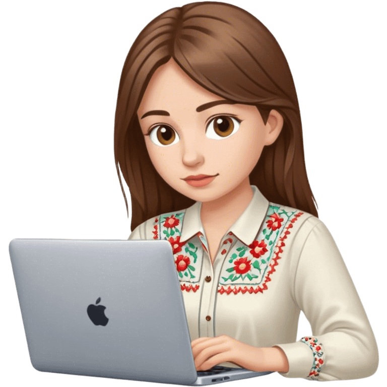 A Ukrainian girl with brown hair in an embroidered shirt works at her laptop emoji