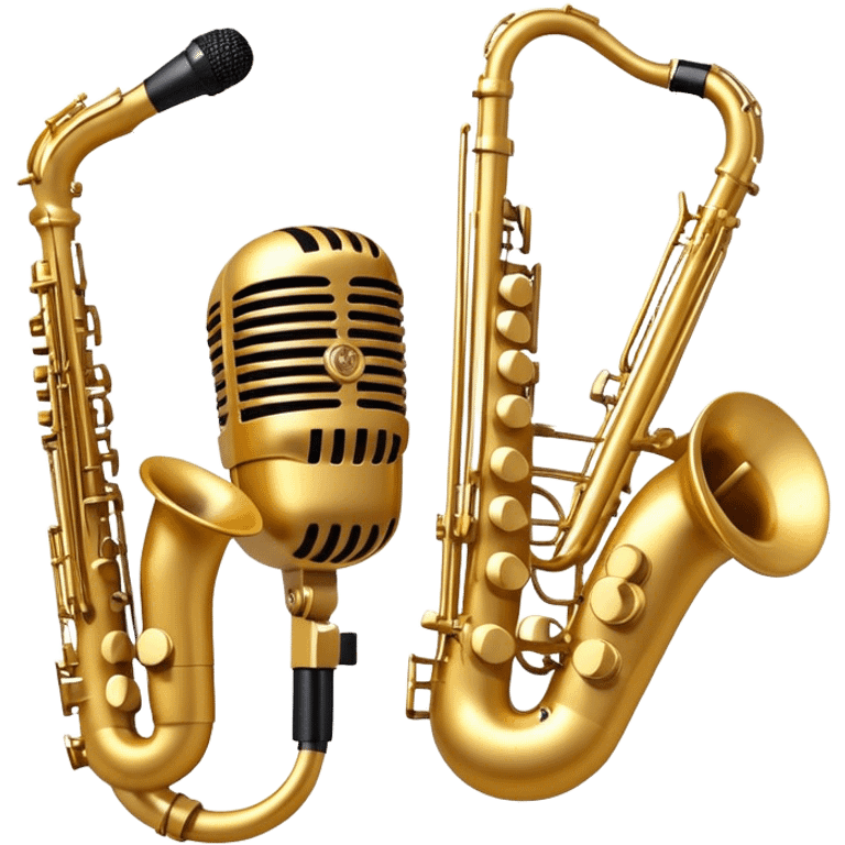 Create an artistic and dynamic emoji representing jazz vocal performance, featuring a vintage microphone as the central focus. Surround the microphone with traditional jazz instruments, such as a saxophone, trumpet, and upright bass, arranged in a harmonious, flowing design. Add musical notes and sound waves emanating from the microphone to symbolize the improvisational and expressive nature of jazz vocals. The instruments should have a polished, classic appearance with metallic gold and silver accents. Use rich colors like deep black, gold, and burgundy to evoke the sophisticated and soulful atmosphere of a jazz club. The background should be transparent. emoji