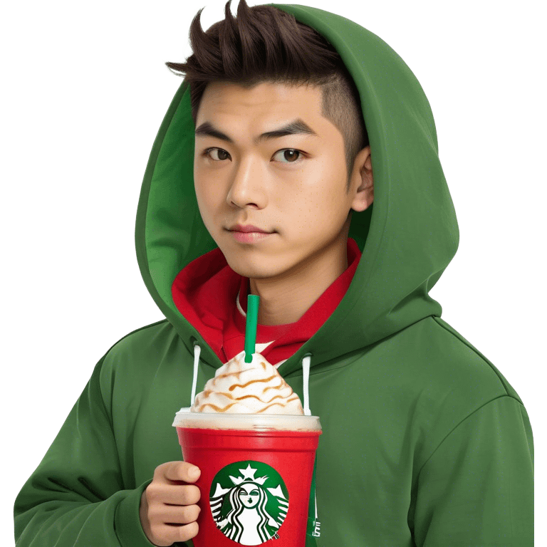 Japanese boy holding Frappuccino in Starbucks cup with a big red laccrose hooding on emoji