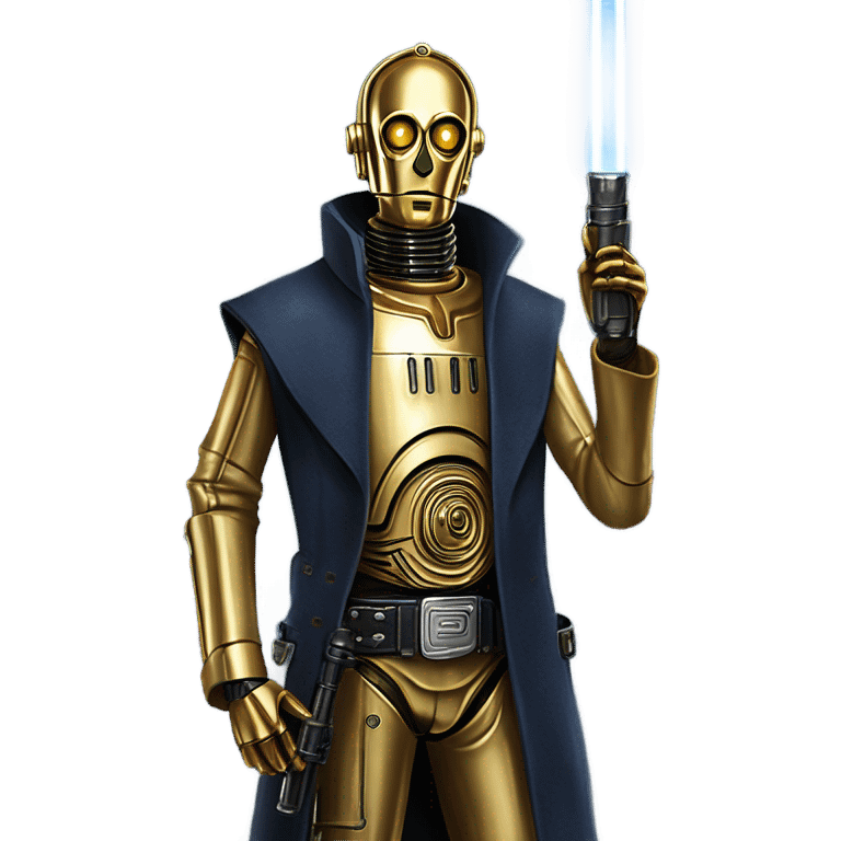 tarnished undercover tough well-equipped Jedi  life-sized darkblue-pearl C3po leather vest clothing pants and vest old west duster coat holding light saber sheriff emoji