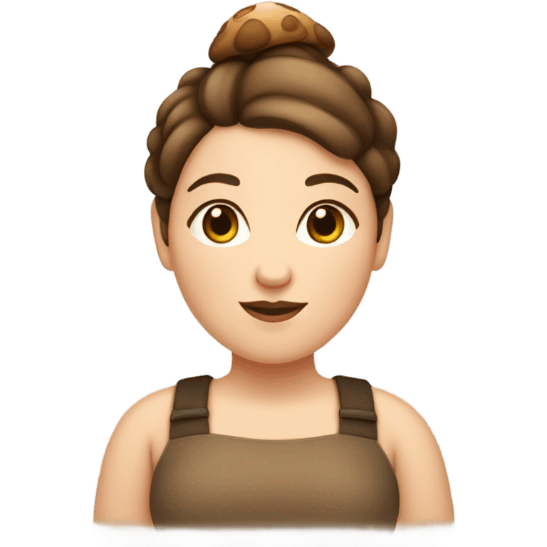 Chubby girl with brown hair in a bun with a mushroom emoji