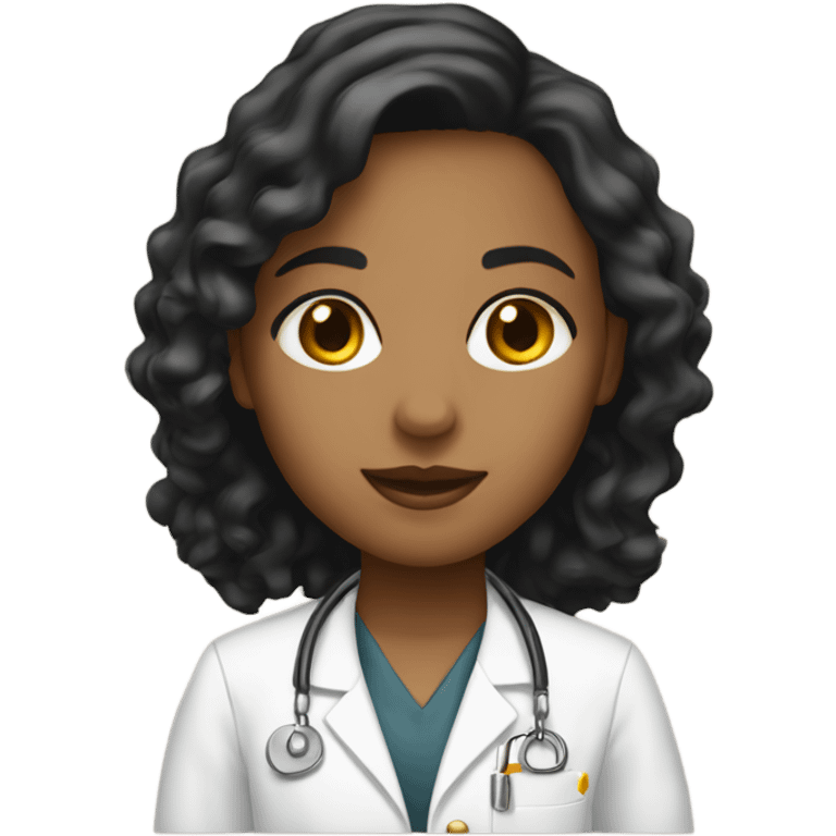 girl emoji. she has black and wavy bob for her hair.  she has dark brown eyes and a lab coat on. she has small gold hoop earrings and a gold chain necklace.  emoji