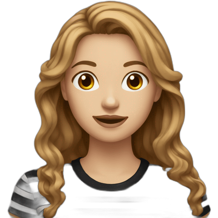 woman with long wavy light brown hair wearing black stripy t-shirt emoji