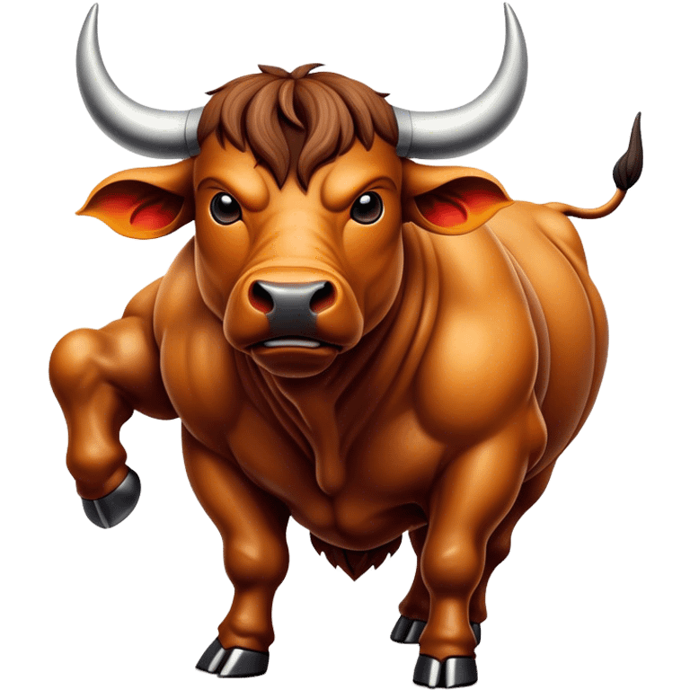 Cinematic Realistic depiction of a powerful Spanish charging bull, rendered with dynamic muscle definition and detailed, textured hide, set against a dramatic backdrop with intense, action-packed lighting emoji