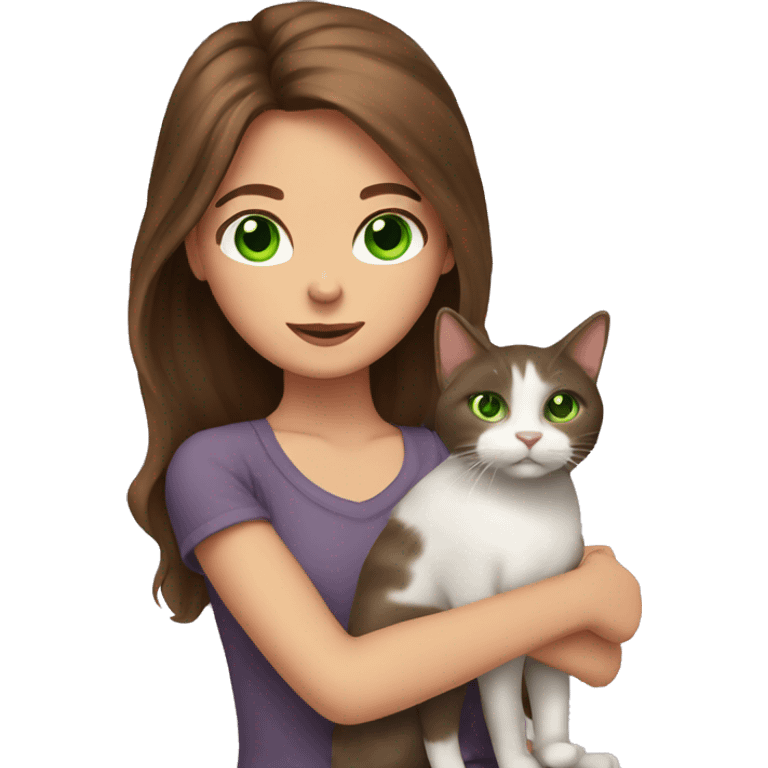 Girl with long brown hair and green eyes holding a cat emoji