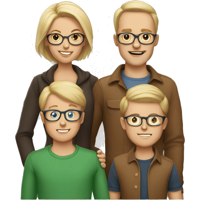 white family that consists of father (blond hair and glasses), mother (brown hair and glasses) and 3 boys (all of them with blond hair) emoji