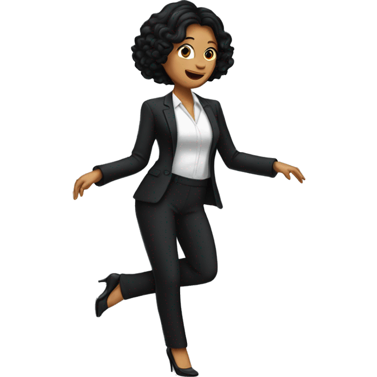 A white woman with black hair wearing a black pantsuit dancing emoji