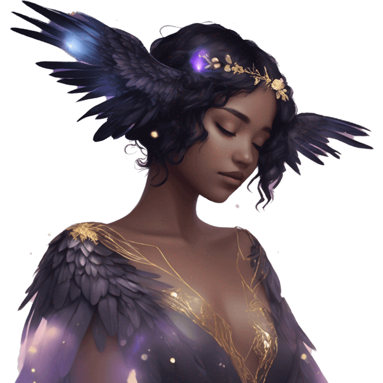 Black Raven wings bohemian girl Ethereal iridescent galaxy constellation girl angel raven wings black wings, gold arrow, nebula, flower crown, fairy lights, nature, shot by golden arrow emoji