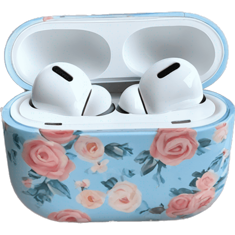 AirPods Pro in floral case with white and pastel blue roses pattern on the case emoji