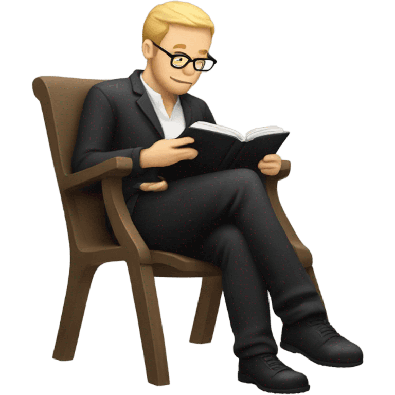 white person sitting on chair wearing black trousers  reading a book  emoji