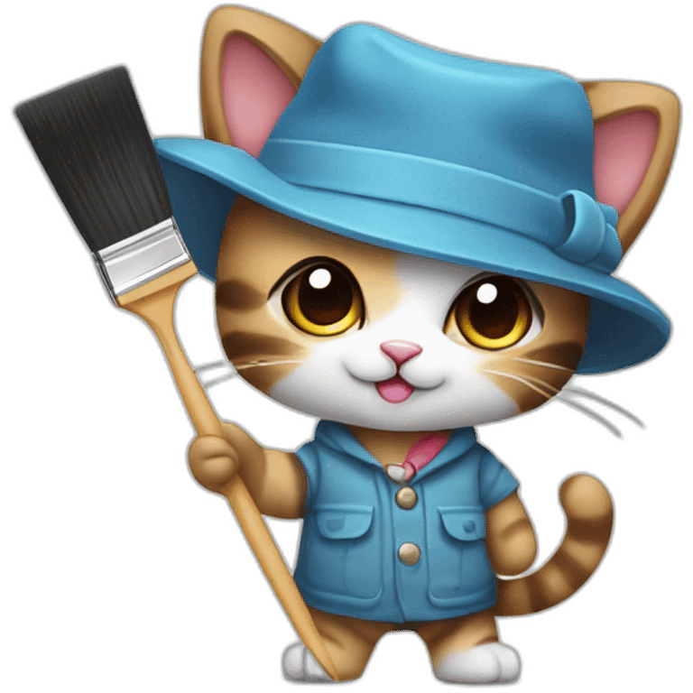 Kawaii cat artist in hat holding palette and brush so it can be used as a mouse cursor emoji