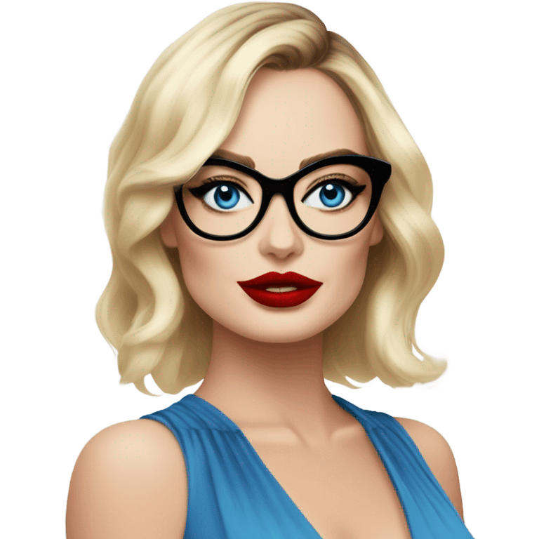  Margot Robbie, bright blue eyes and winged eye liner, red kisses, wearing black glasses  emoji