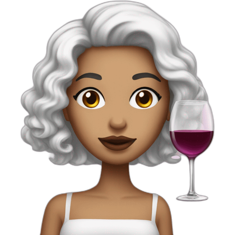 White latin girl with pink lips, curly black hair and glass of wine emoji