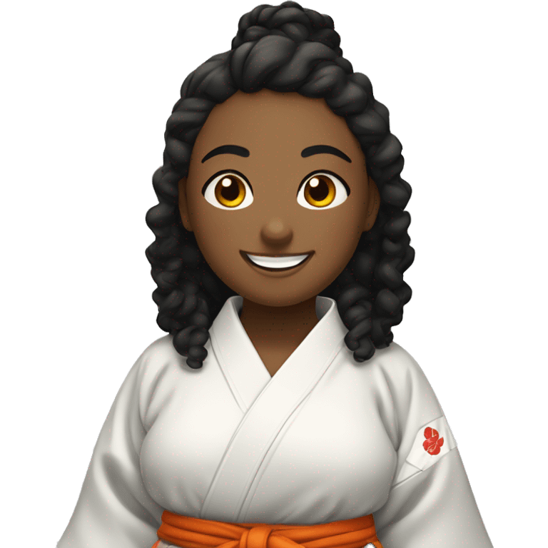 fat black curly hair girl smiling with judo kimono smiling emoji