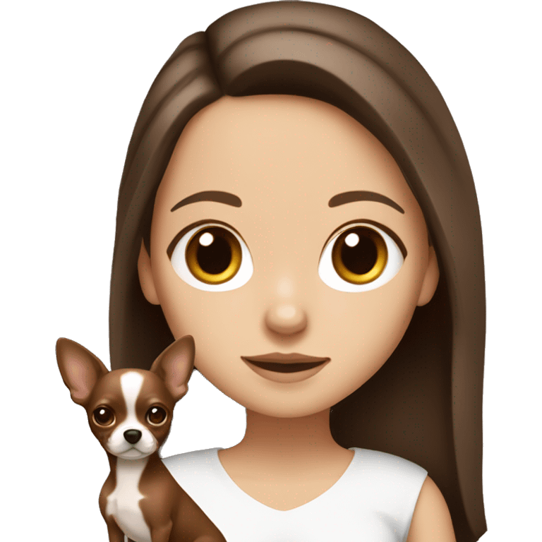 White girl with dark brown hair and middle part holding tan and chocolate brown chihuahua emoji