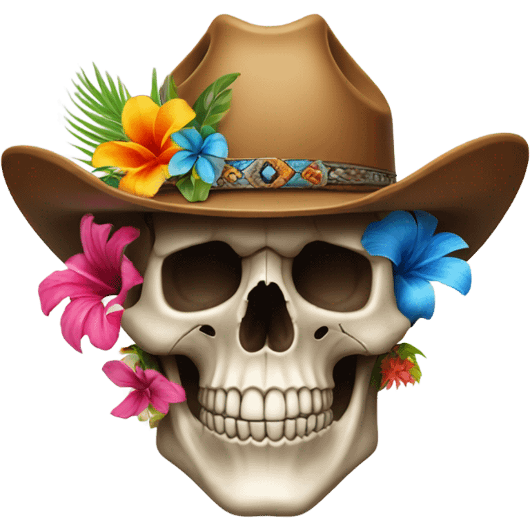 Realistic skull with a cowboy hat on decorated with tropical flowers. emoji