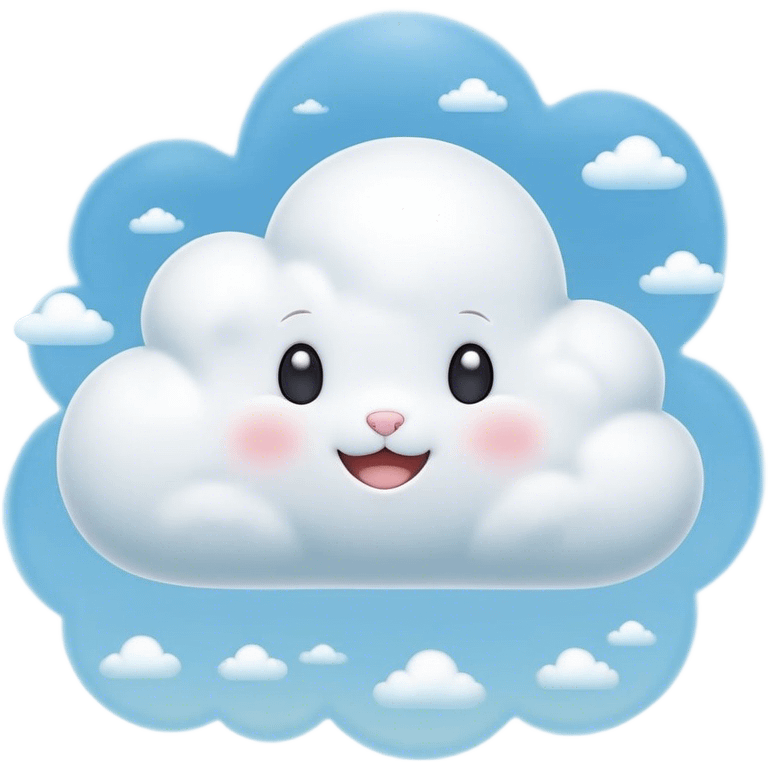 Cinematic tiny puffy bunny-shaped cloud, floating gently in the sky, soft glowing light, tiny rounded ears, smiling face, dreamy and magical. emoji