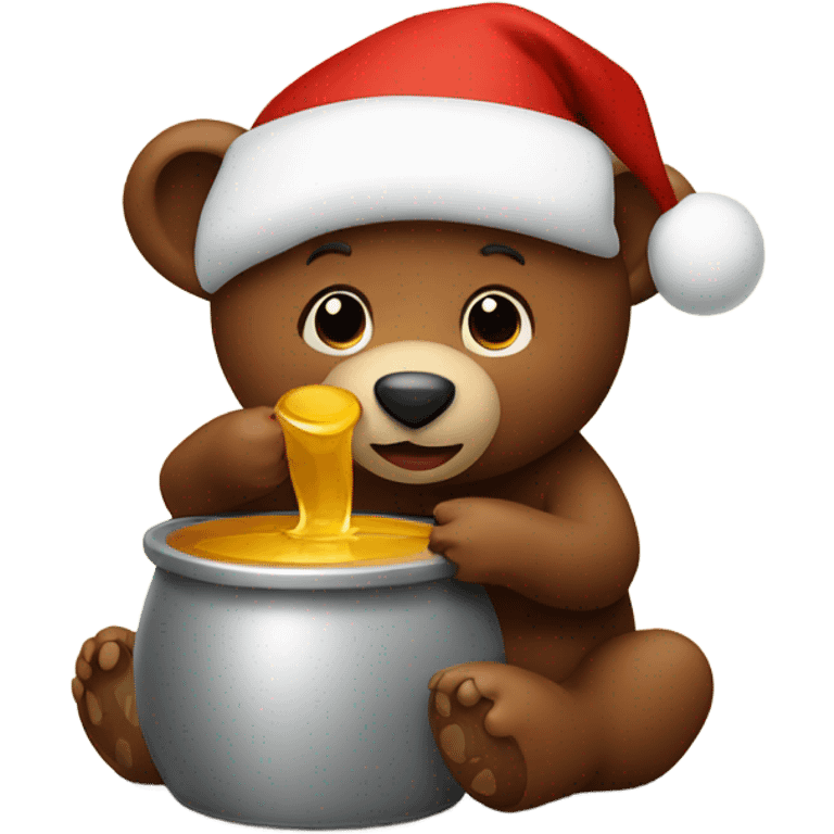 Brown bear wearing a Christmas hat eating a pot of honey emoji