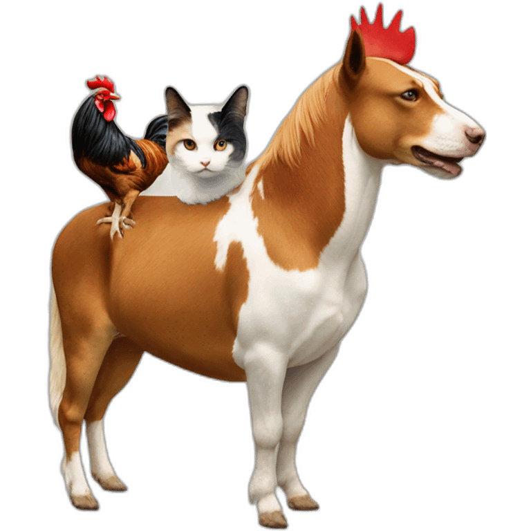 rooster on the back of a cat on the back of a dog on the back of a donkey  emoji