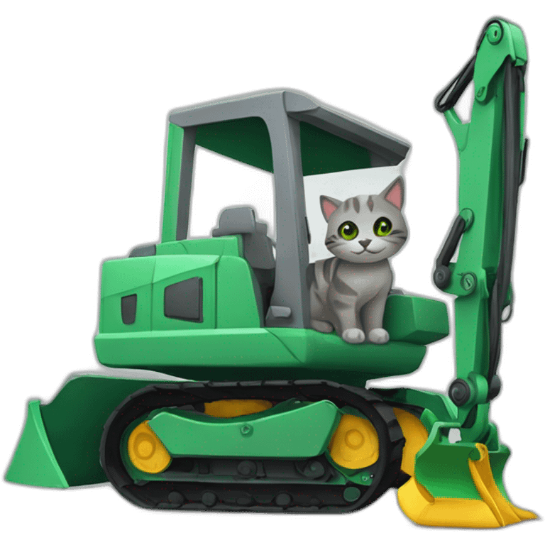 Gatito gris con ojos verdes sobre una excavadora emoji