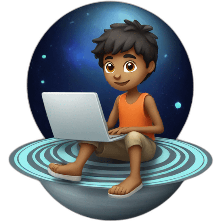 Indian boy with laptop sitting on saturn emoji