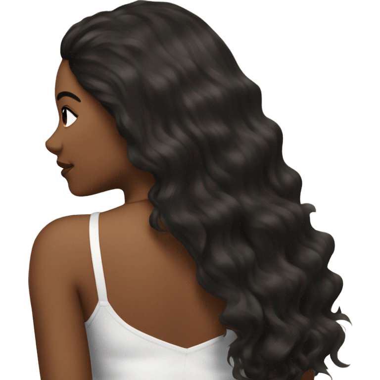 the back side of a brown women, with black hair, a white crop top, wavy long hair, beach wear emoji