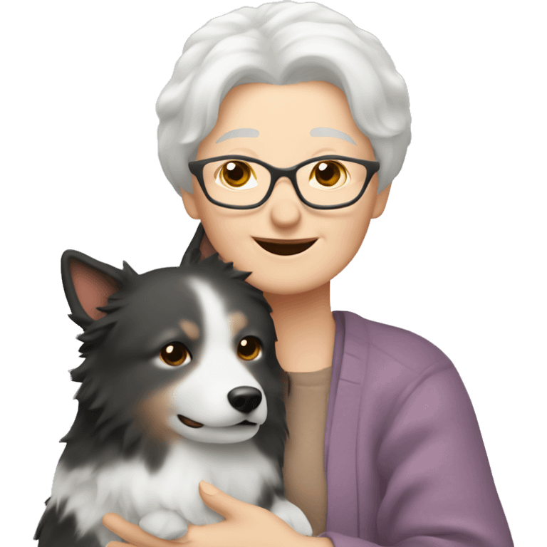 grandma with blonde short hair hugs japanese spitz dog emoji