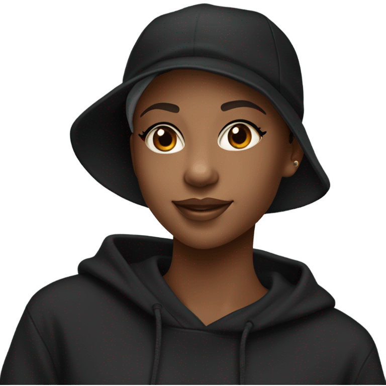 pretty african american girl with black baseball hat and black sweatshirt hoodie pixie cut with laptop emoji