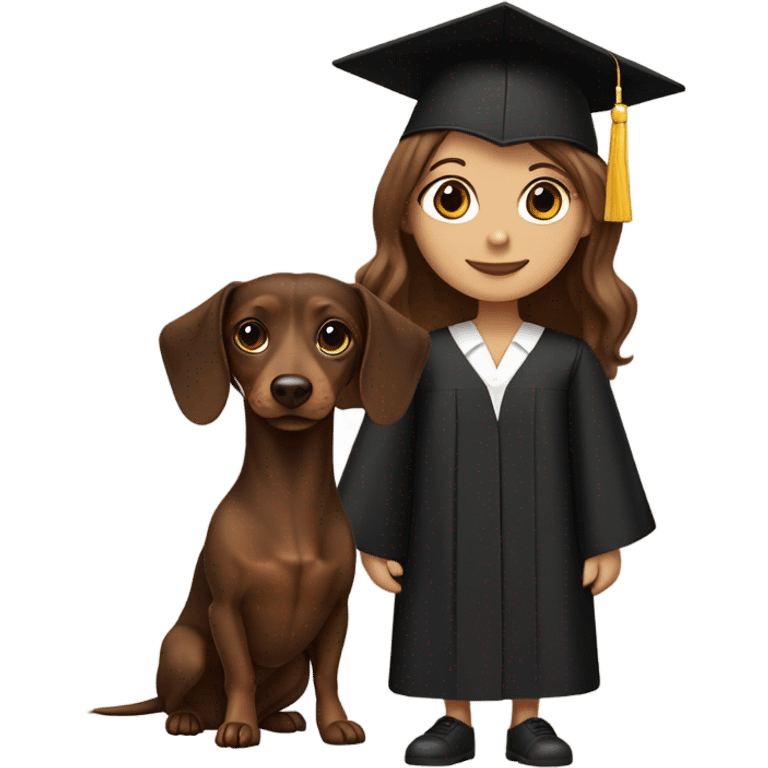 Brown haired white girl in graduation cap holding black and brown long haired dachshund  emoji